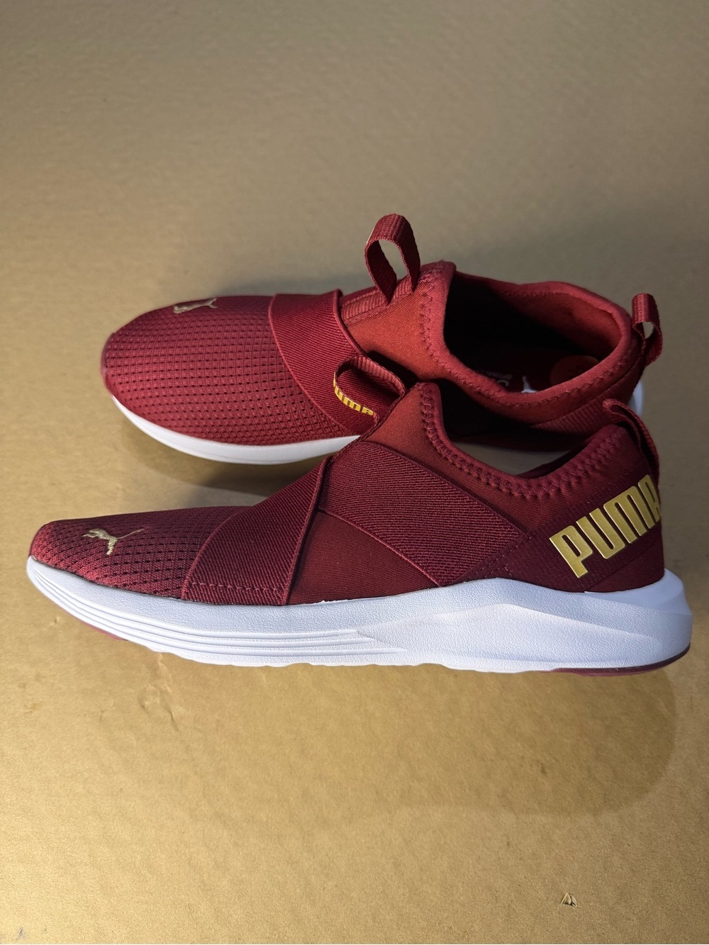 Puma Burgundy and Gold Slip-On Sneakers